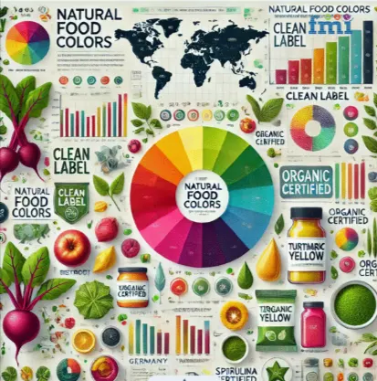 Qemi International natural food colors infographic showing plant-based clean label pigments and stable color performance across food applications